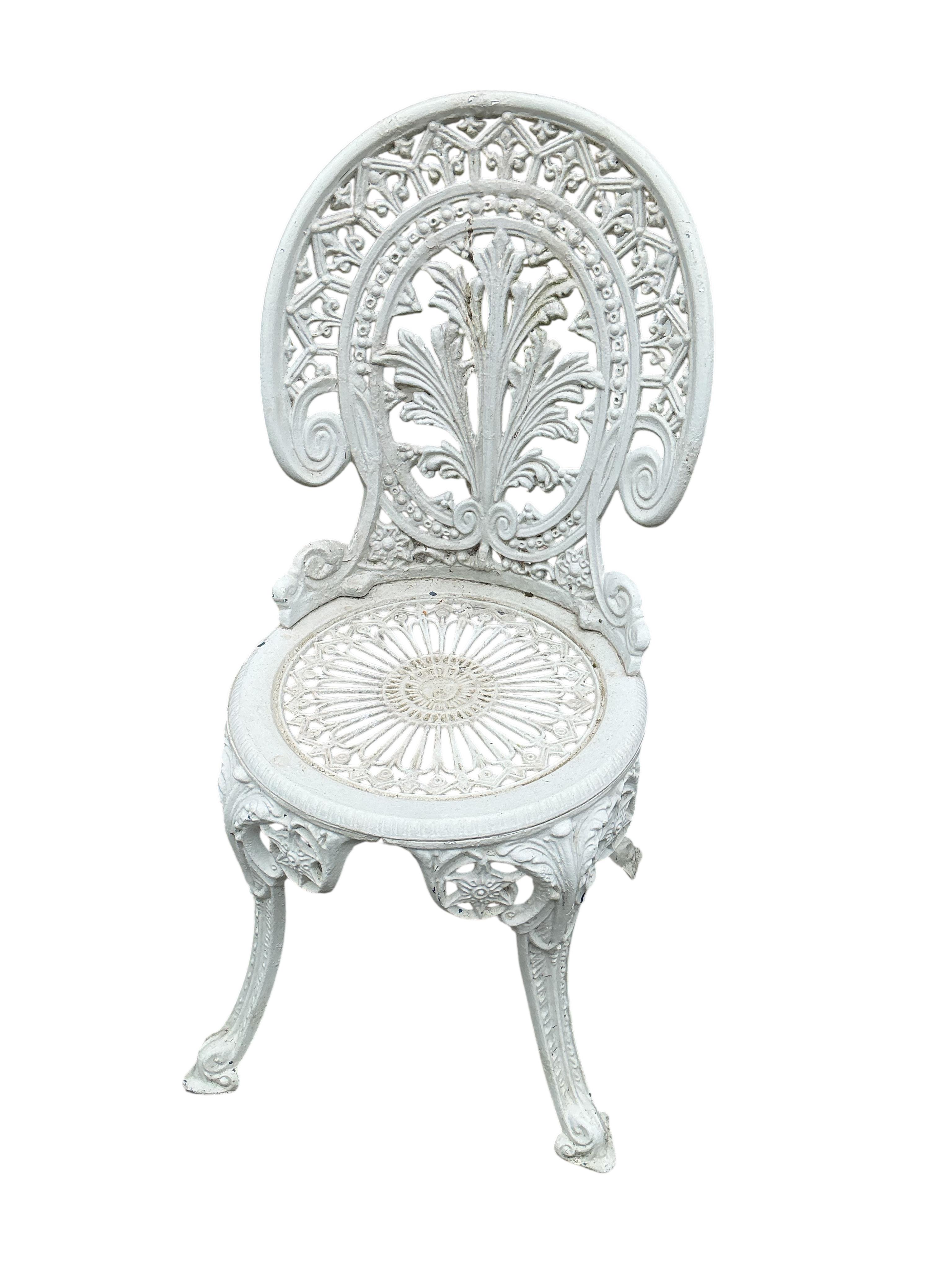 A pair of Victorian style painted aluminium garden chairs, height 85cm